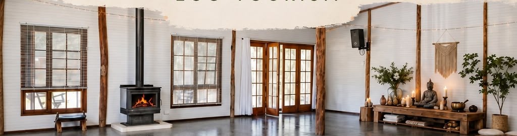 The Shala: a wide, light-filled room with a wood fire, timber posts and a meditation altar