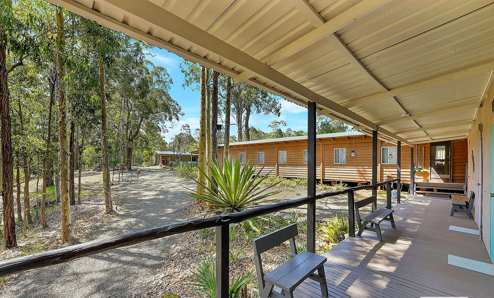 The covered deck outside the lodge, where meals are eaten